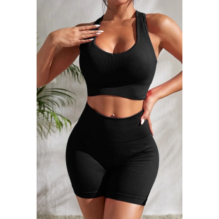 MARSiLYAN- Kadın Siyah Yüksek Bel Çapraz Sırt Detaylı Şortlu Gecelik Takım