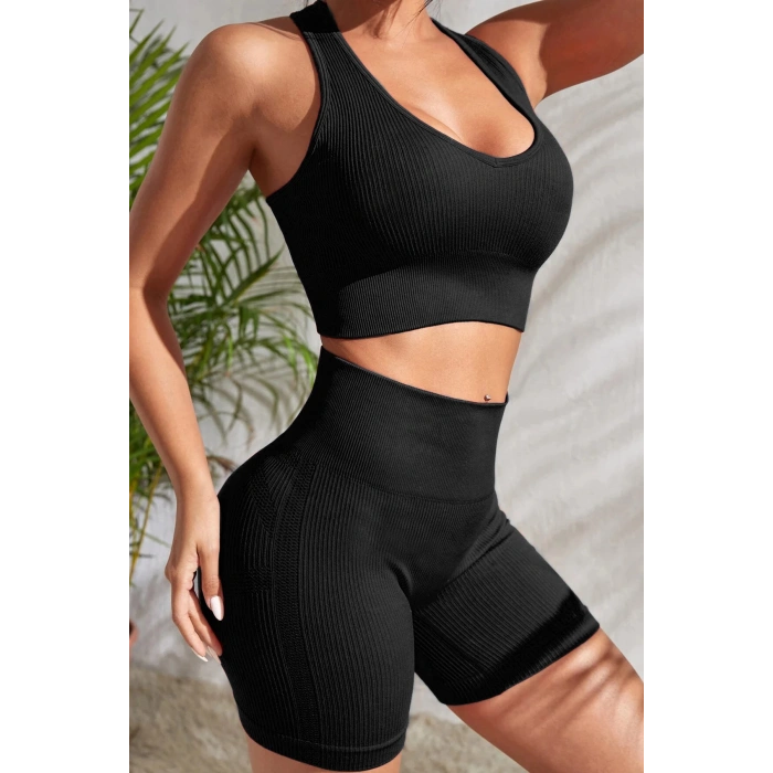 MARSiLYAN- Kadın Siyah Yüksek Bel Çapraz Sırt Detaylı Şortlu Gecelik Takım