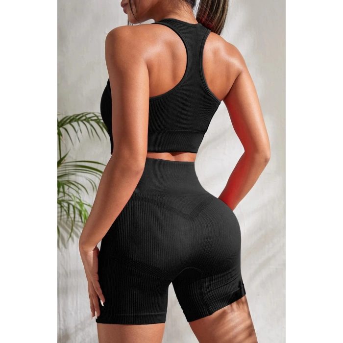 MARSiLYAN- Kadın Siyah Yüksek Bel Çapraz Sırt Detaylı Şortlu Gecelik Takım