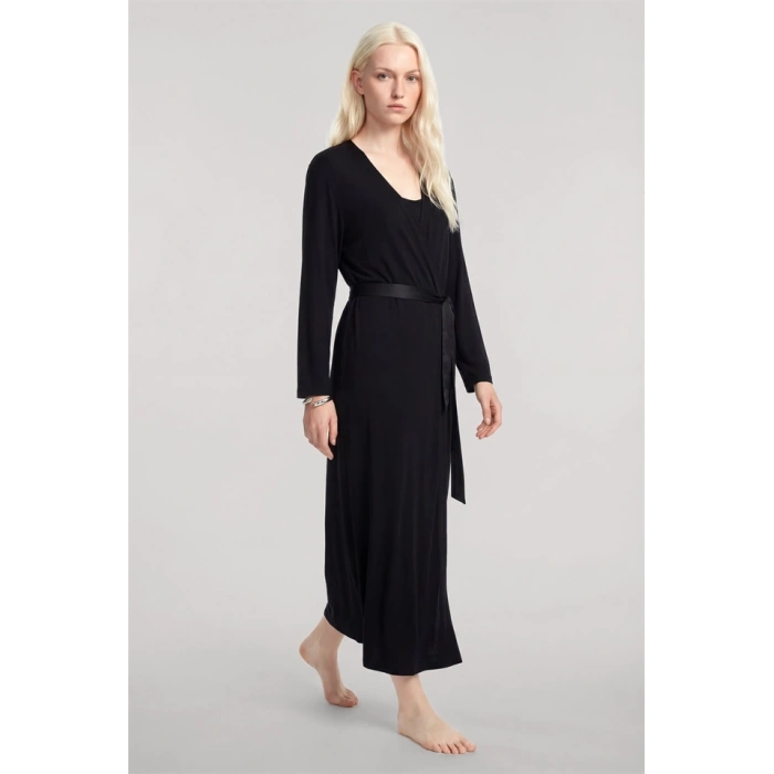 MARSiLYAN- Kadın Siyah Yumuşak Dokulu Dökümlü Uzun Kimono Şık ve Rahat Ev Giyim