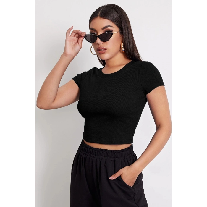 MARSiLYAN- Kadın Siyah Yuvarlak Yaka Yarım Kol Crop Top Bluz
