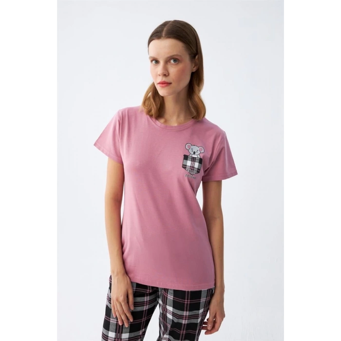 MARSiLYAN- Kadın Somon Ayıcık Baskılı Ekoseli Penye Pijama Takımı