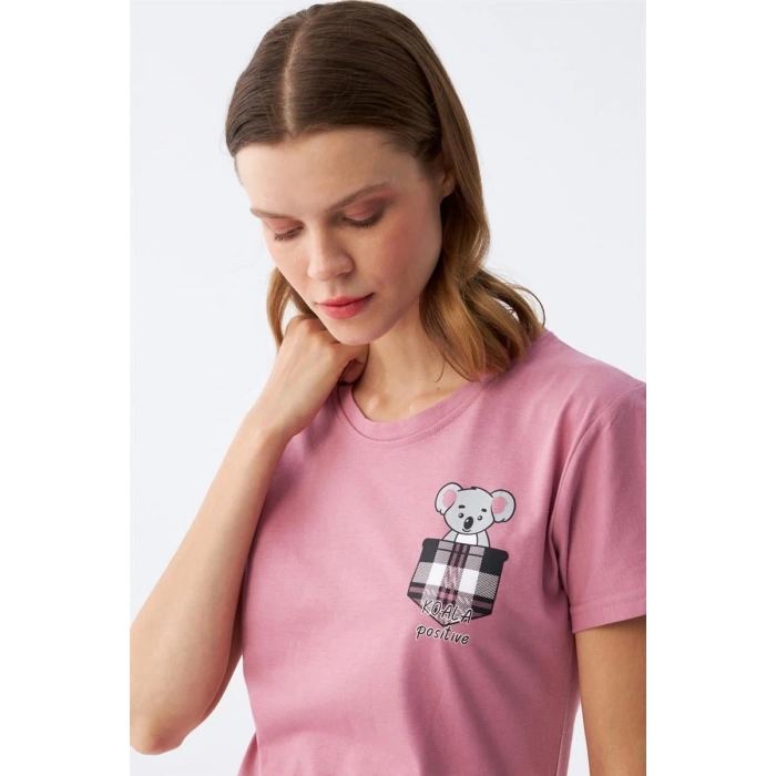 MARSiLYAN- Kadın Somon Ayıcık Baskılı Ekoseli Penye Pijama Takımı