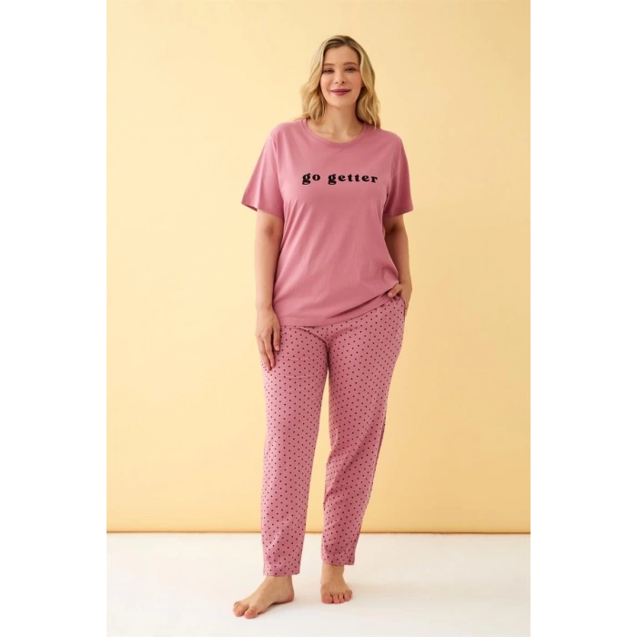 MARSiLYAN- Kadın Somon Go Getter Yazılı Büyük Beden Pijama Takımı