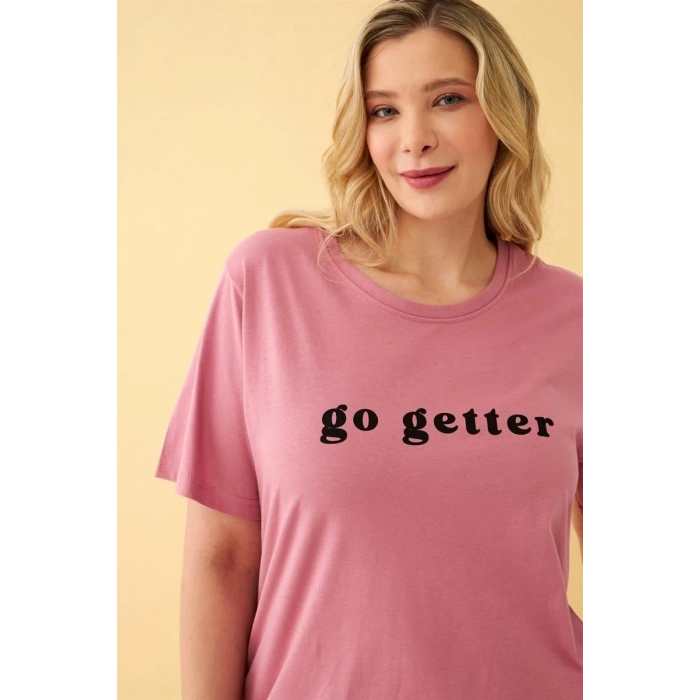 MARSiLYAN- Kadın Somon Go Getter Yazılı Büyük Beden Pijama Takımı