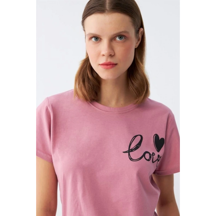 MARSiLYAN- Kadın Somon Kalp Desenli Kısa Kollu Penye Pijama Takımı