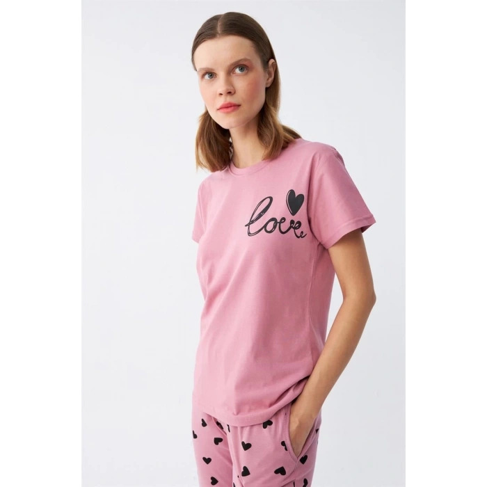 MARSiLYAN- Kadın Somon Kalp Desenli Kısa Kollu Penye Pijama Takımı
