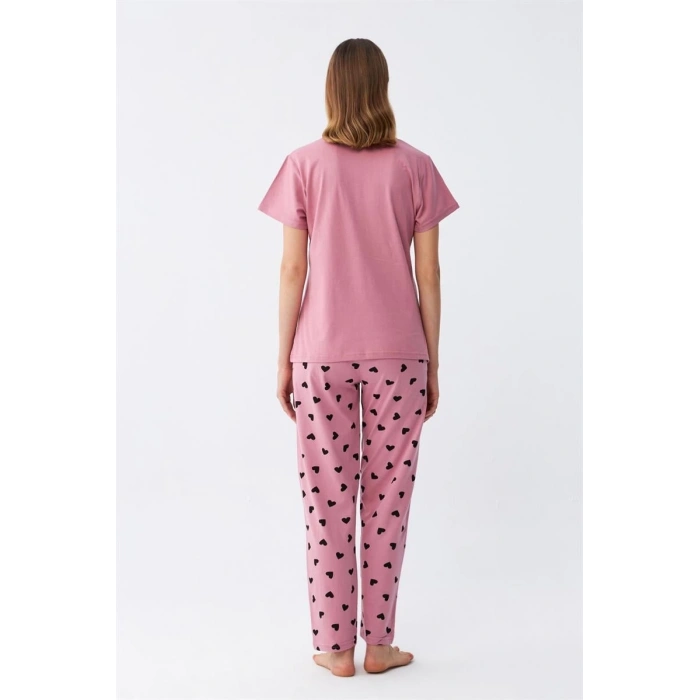 MARSiLYAN- Kadın Somon Kalp Desenli Kısa Kollu Penye Pijama Takımı