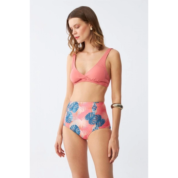 MARSiLYAN- Kadın Somon Pedli Üst ve Tropik Desenli Yüksek Bel Bikini Takımı
