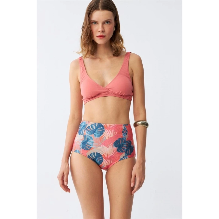 MARSiLYAN- Kadın Somon Pedli Üst ve Tropik Desenli Yüksek Bel Bikini Takımı