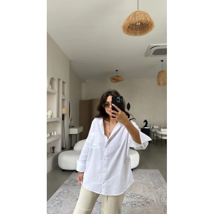 MARSiLYAN- Kadın Tek Cepli Over Size Ketem Gömlek