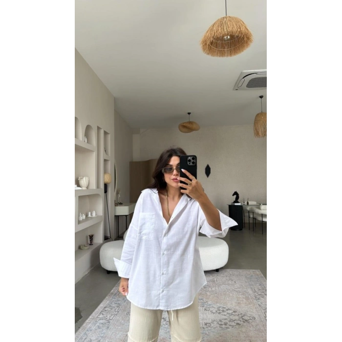 MARSiLYAN- Kadın Tek Cepli Over Size Ketem Gömlek