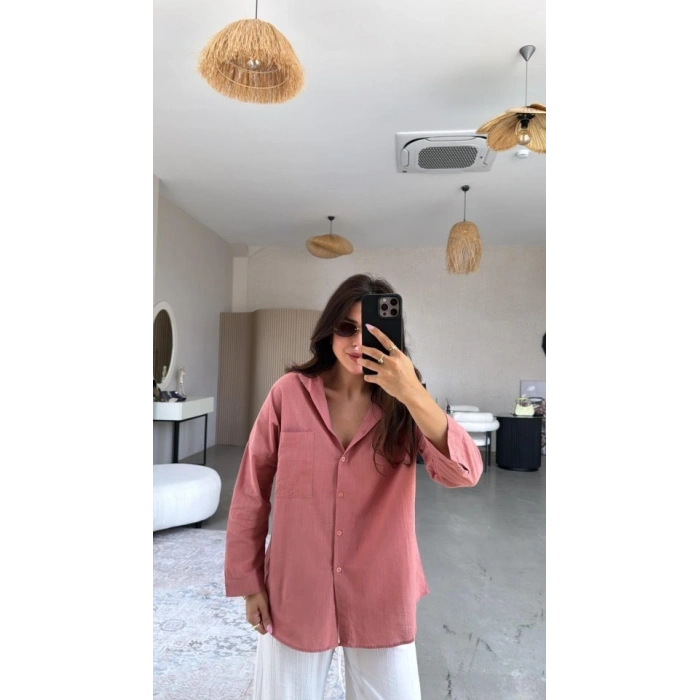 MARSiLYAN- Kadın Tek Cepli Over Size Ketem Gömlek