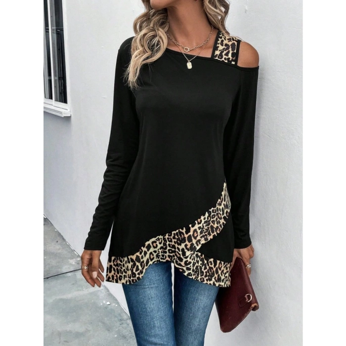 MARSiLYAN- Kadın Tek O Uzdan Açık Askılı Uzun Kollu Leopar Detaylı Viskon Bluz