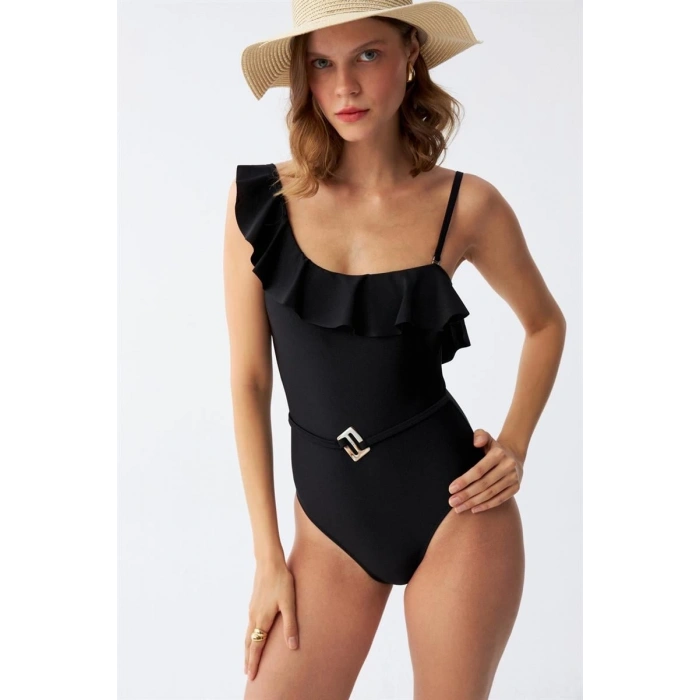 MARSiLYAN- Kadın Tek Omuz Fırfırlı Mayo Siyah