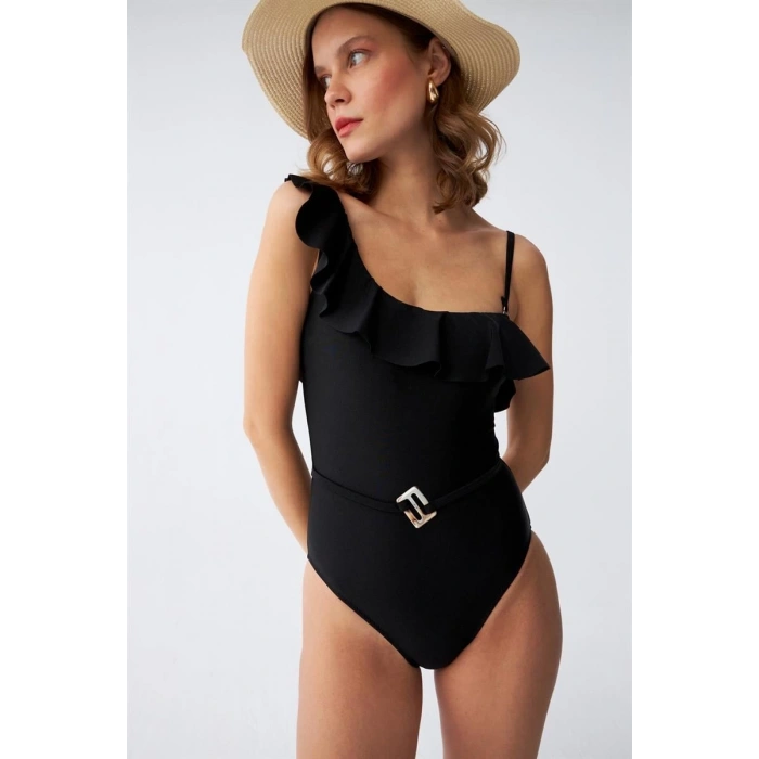 MARSiLYAN- Kadın Tek Omuz Fırfırlı Mayo Siyah