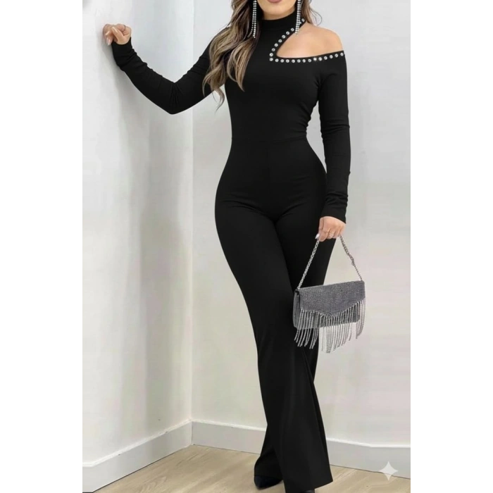 MARSiLYAN- Kadın Tek Omuzdan Açık Balıkçı Yaka Taş Detaylı Uzun Ithal Krep Tulum