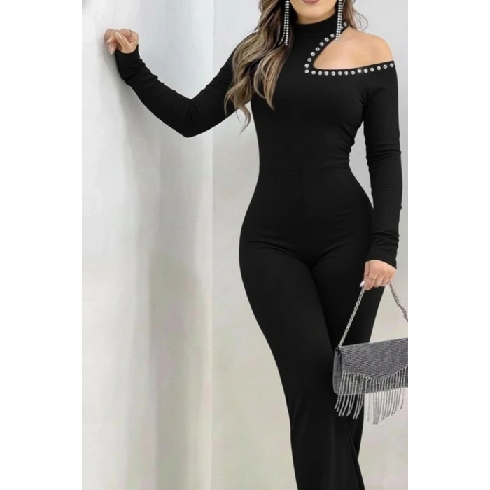 MARSiLYAN- Kadın Tek Omuzdan Açık Balıkçı Yaka Taş Detaylı Uzun Ithal Krep Tulum