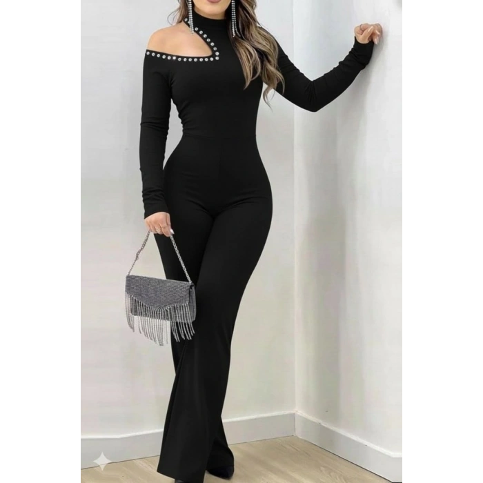 MARSiLYAN- Kadın Tek Omuzdan Açık Balıkçı Yaka Taş Detaylı Uzun Ithal Krep Tulum