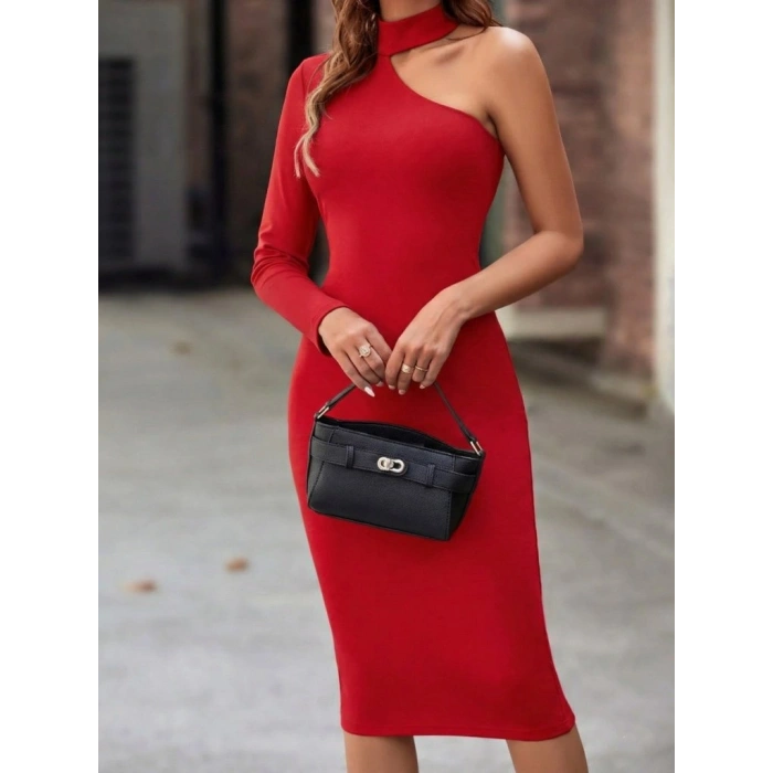 MARSiLYAN- Kadın Tek Omuzdan Açık Uzun Kollu Balıkçı Yaka Midi Ithal Krep Elbise