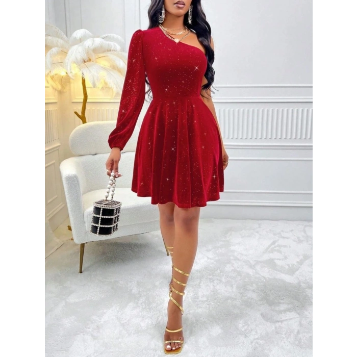 MARSiLYAN- Kadın Tek Omuzdan Açık Uzun Kollu Taşlı Mini Elbise