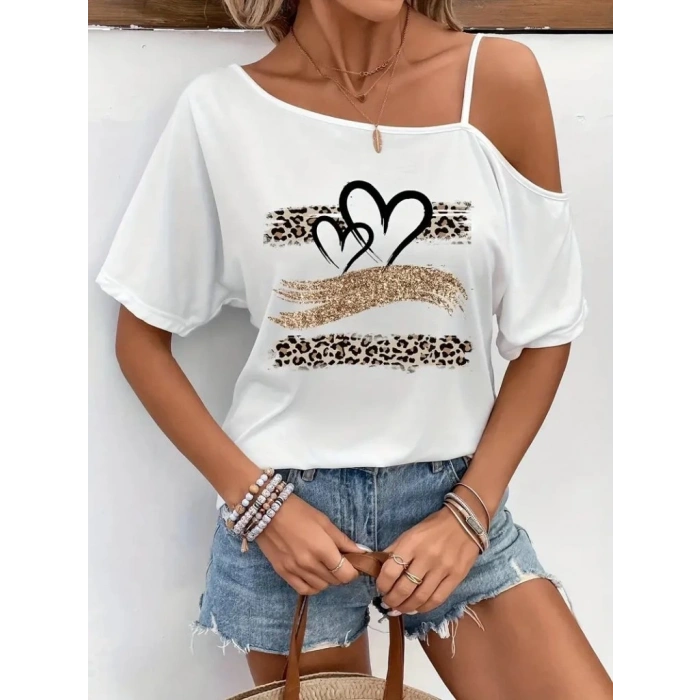 MARSiLYAN- Kadın Tek Omuzu Açık Ip Askılı Baskılı Viskon Bluz