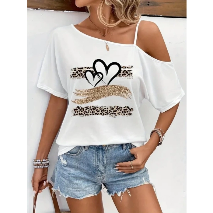 MARSiLYAN- Kadın Tek Omuzu Açık Ip Askılı Baskılı Viskon Bluz