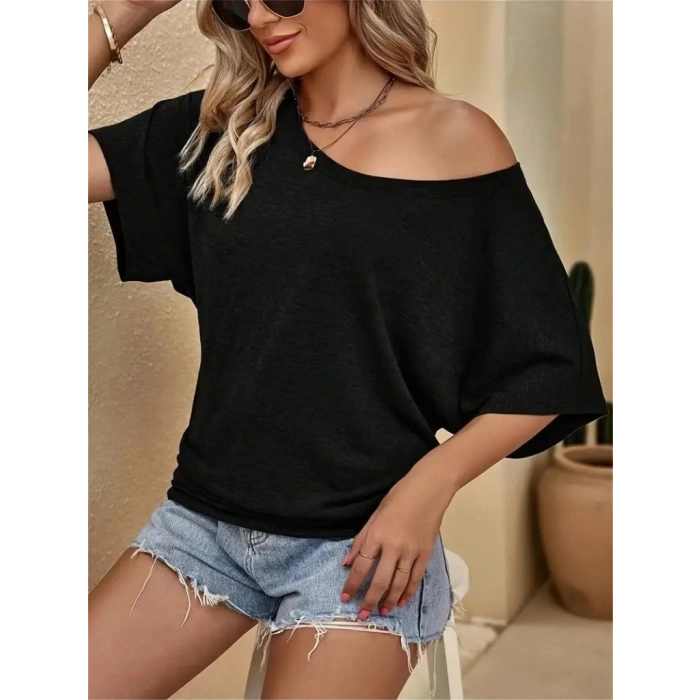 MARSiLYAN- Kadın Tek Omuzu Açık Kısa Kollu Salaş Viskon Bluz