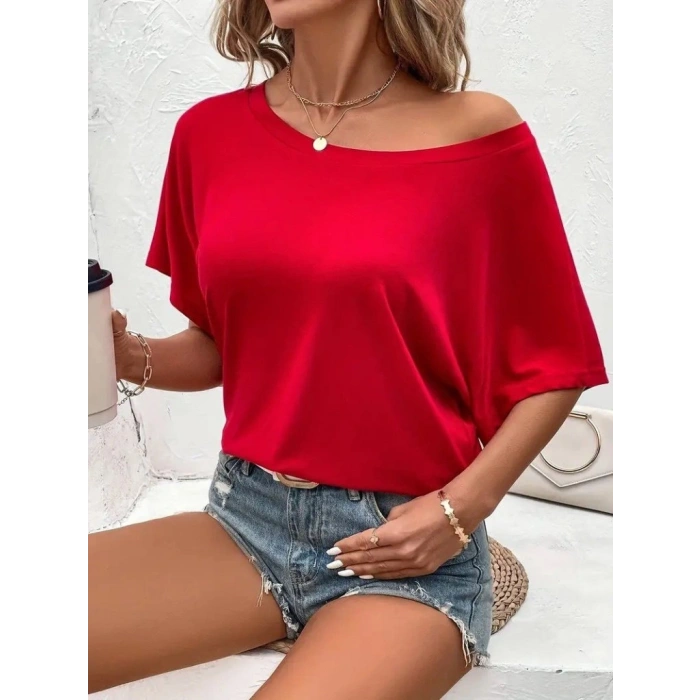 MARSiLYAN- Kadın Tek Omuzu Açık Kısa Kollu Salaş Viskon Bluz