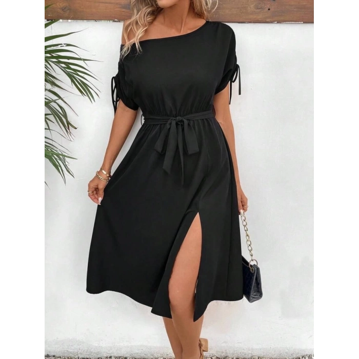 MARSiLYAN- Kadın Tek Omuzu Açık Kol Ucu Fiyonklu Belden Kuşaklı Yırtmaç Detaylı Viskon Elbise