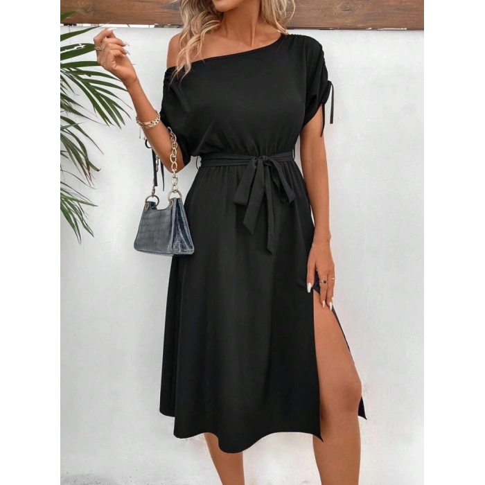 MARSiLYAN- Kadın Tek Omuzu Açık Kol Ucu Fiyonklu Belden Kuşaklı Yırtmaç Detaylı Viskon Elbise