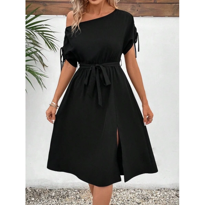 MARSiLYAN- Kadın Tek Omuzu Açık Kol Ucu Fiyonklu Belden Kuşaklı Yırtmaç Detaylı Viskon Elbise