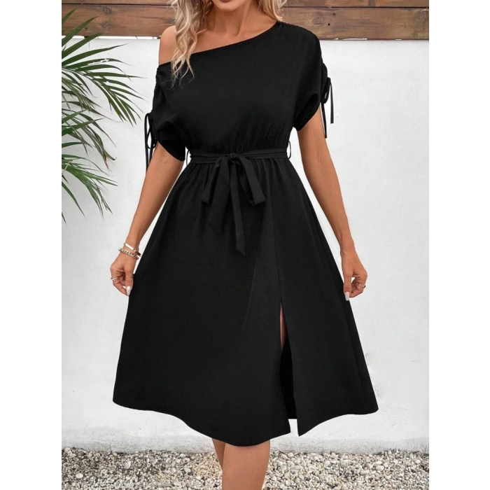 MARSiLYAN- Kadın Tek Omuzu Açık Kol Ucu Fiyonklu Belden Kuşaklı Yırtmaç Detaylı Viskon Elbise