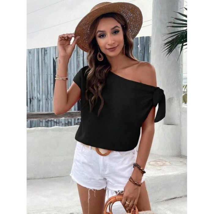 MARSiLYAN- Kadın Tek Omuzu Açık Koldan Bağlamalı Janjan Krep Bluz