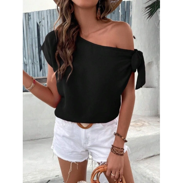 MARSiLYAN- Kadın Tek Omuzu Açık Koldan Bağlamalı Janjan Krep Bluz