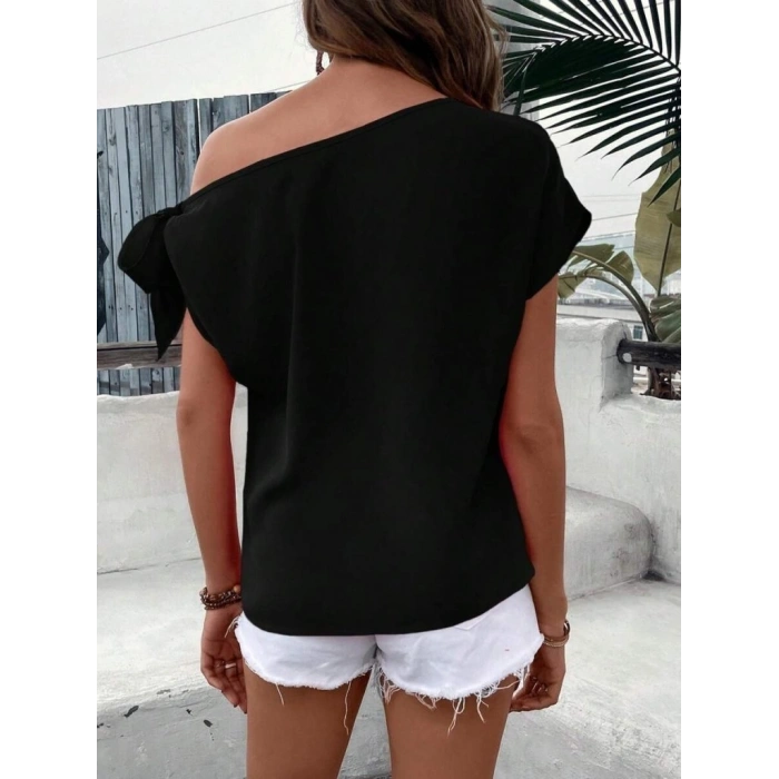 MARSiLYAN- Kadın Tek Omuzu Açık Koldan Bağlamalı Janjan Krep Bluz