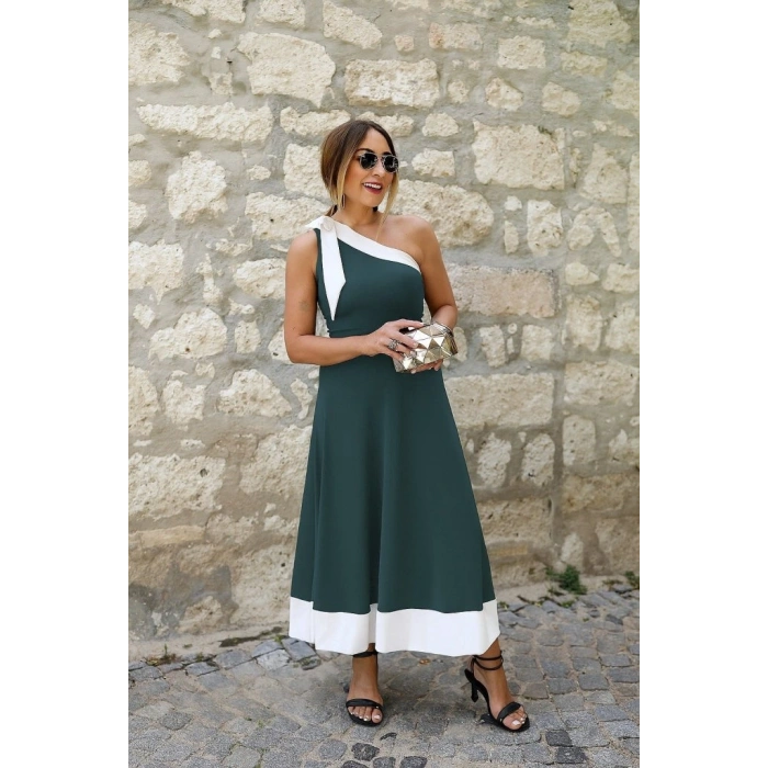 MARSiLYAN- Kadın Tek Omuzu Açık Omuzlardan Kurdela Detaylı çift Renkli Ithal Krep Elbise