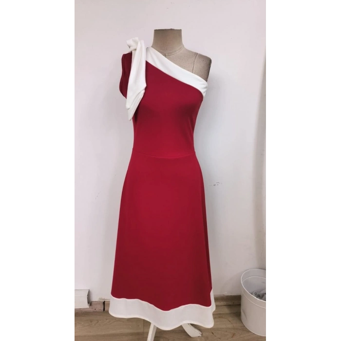 MARSiLYAN- Kadın Tek Omuzu Açık Omuzlardan Kurdela Detaylı çift Renkli Ithal Krep Elbise