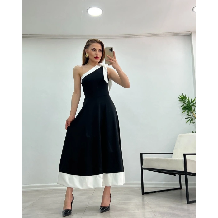 MARSiLYAN- Kadın Tek Omuzu Açık Omuzlardan Kurdela Detaylı çift Renkli Ithal Krep Elbise