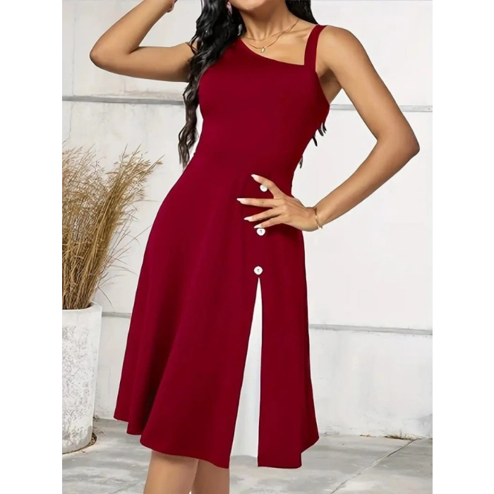 MARSiLYAN- Kadın Tek Omuzu şerit Detaylı Kolsuz Yandan Düğme Detaylı Janjan Krep Elbise