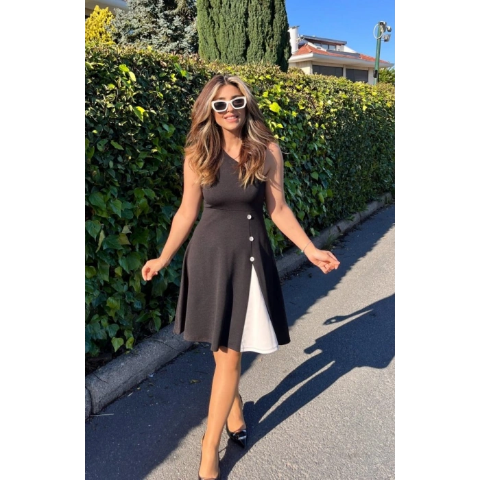 MARSiLYAN- Kadın Tek Omuzu şerit Detaylı Sıfır Kol Yandan Düğme Detaylı Janjan Krep Elbise