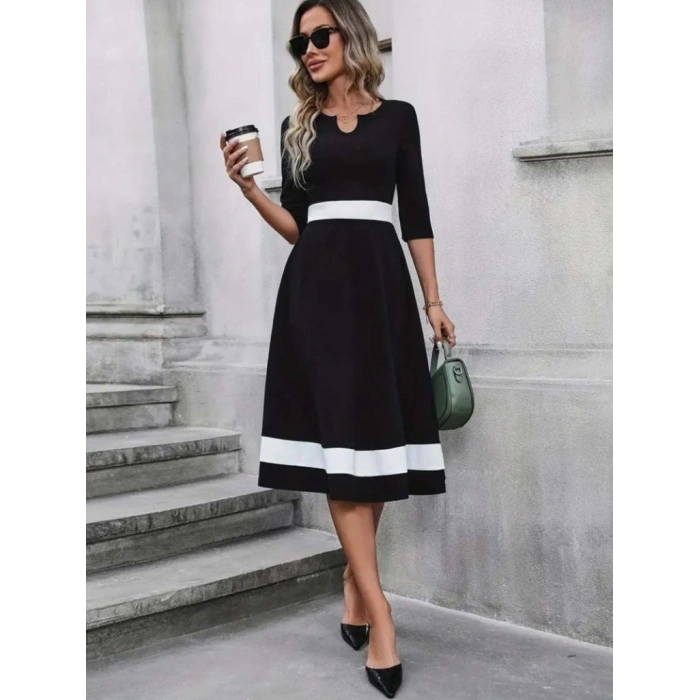 MARSiLYAN- Kadın Truvakar Kol V Yakalı Janjan Krep Midi Elbise