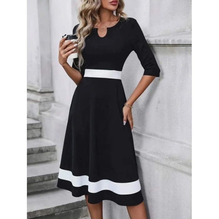 MARSiLYAN- Kadın Truvakar Kol V Yakalı Janjan Krep Midi Elbise