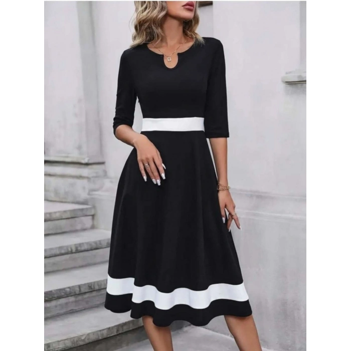 MARSiLYAN- Kadın Truvakar Kol V Yakalı Janjan Krep Midi Elbise