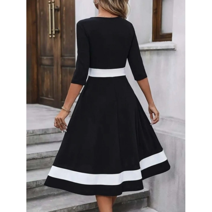 MARSiLYAN- Kadın Truvakar Kol V Yakalı Janjan Krep Midi Elbise