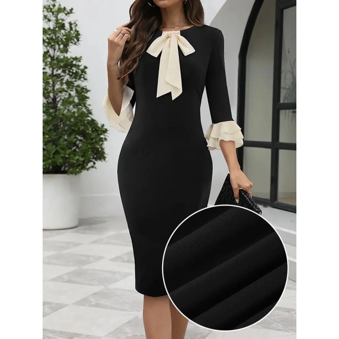 MARSiLYAN- Kadın Truvakar Kollu Fiyonk Yakalı Midi Ithal Krep Elbise