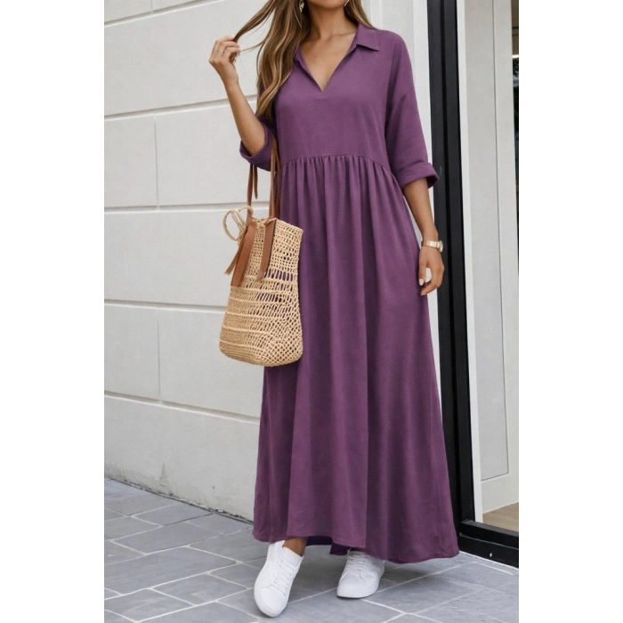 MARSiLYAN- Kadın Truvakar Kollu V Yakalı Yırtmaçlı Uzun Aerobin Elbise