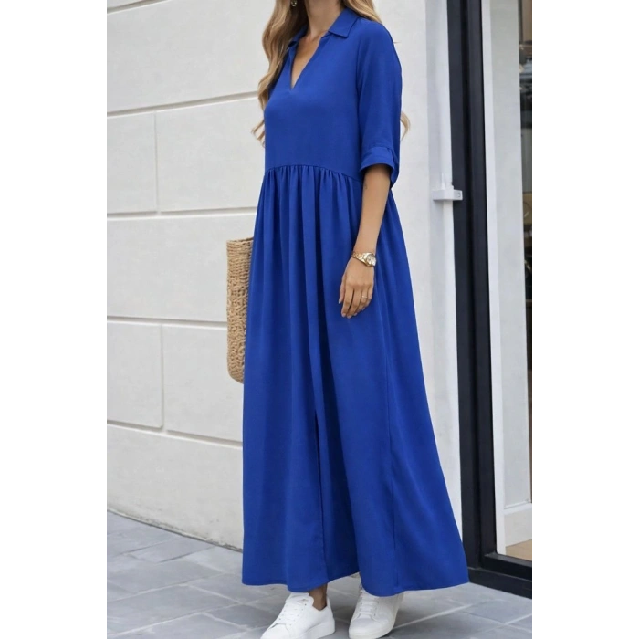 MARSiLYAN- Kadın Truvakar Kollu V Yakalı Yırtmaçlı Uzun Aerobin Elbise