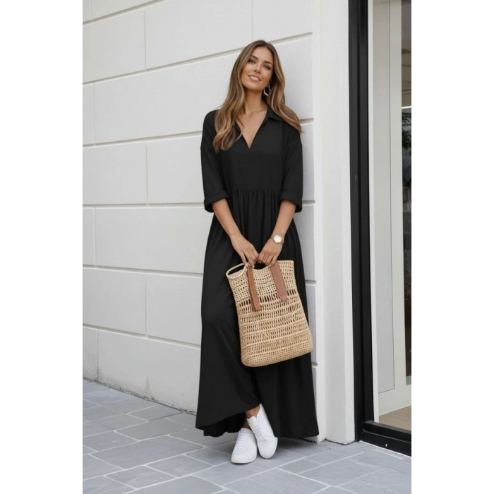 MARSiLYAN- Kadın Truvakar Kollu V Yakalı Yırtmaçlı Uzun Aerobin Elbise