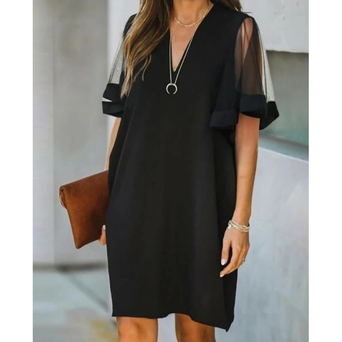 MARSiLYAN- Kadın Tüllü Kısa Kollu V Yaka Krep Elbise